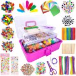 1405 Pcs Art and Craft Supplies for Kids, Toddler DIY Craft Art Supply Set Included Pipe Cleaners, Pom Poms, Feather, Folding Storage Box – All in One for Craft DIY Art Supplies, Rose Red