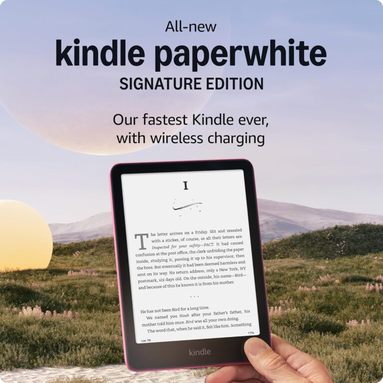 All-new Amazon Kindle Paperwhite Signature Edition Essentials Bundle including All-new Kindle Paperwhite Signature Edition (32GB) – Raspberry, Fabric Cover-Raspberry, and Wireless Charging Dock