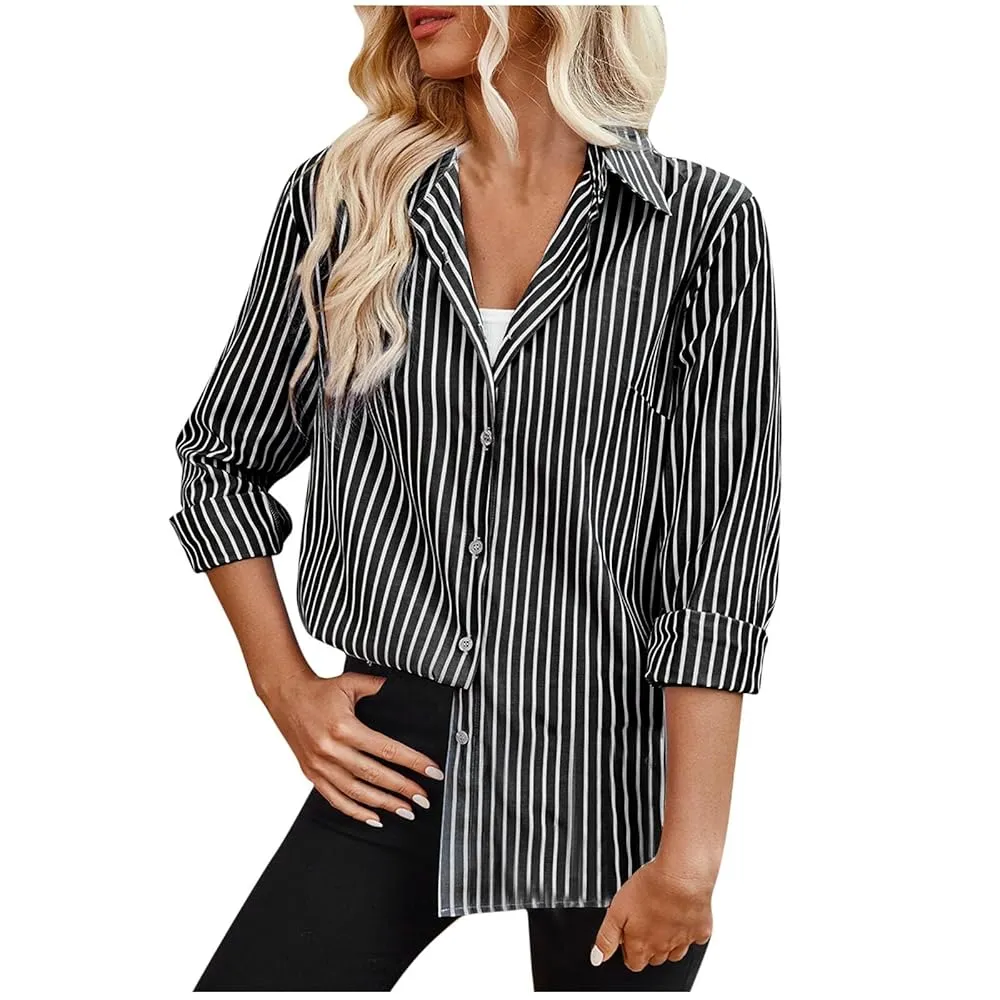 Astylish Womens V Neck Roll up Sleeve Button Down Blouses Tops