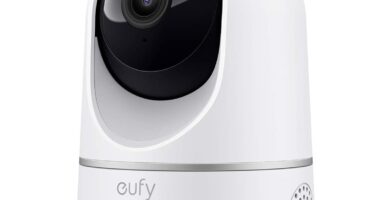 eufy Security Indoor Cam E220, Camera for home Security, Pan & Tilt, Dog/Pet Camera, 2K Wi-Fi Plug-in, Motion Tracking, Motion Only Alerts, Night Vision, HomeBase 3 Compatible, Voice Assistant Support