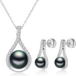 Pearl Necklace and Earring Set for Women- 925 Sterling Silver Adjustable Jewelry Set, White Gold /14K Gold Plated Infinity Black White Pearl Jewelry Set Anniversary Birthday Gifts for Her