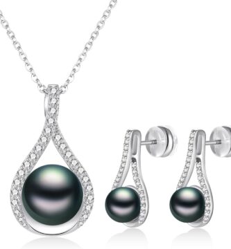 Pearl Necklace and Earring Set for Women- 925 Sterling Silver Adjustable Jewelry Set, White Gold /14K Gold Plated Infinity Black White Pearl Jewelry Set Anniversary Birthday Gifts for Her