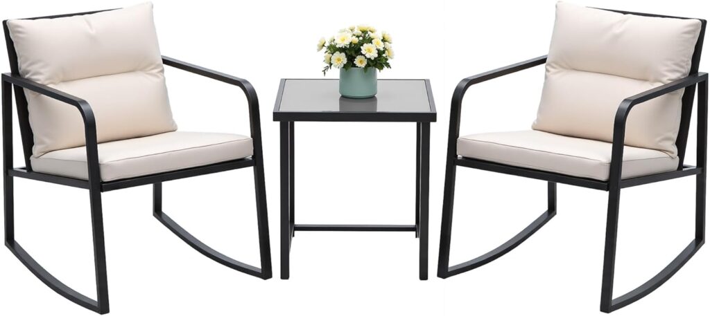 Devoko 3 Piece Rocking Bistro Set Wicker Patio Outdoor Furniture Porch Chairs Conversation Sets with Glass Coffee Table (Beige) Devoko 3 Piece Rocking Bistro Set Wicker Patio Outdoor Furniture Porch Chairs Conversation Sets with Glass Coffee Table (Beige)