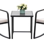 Devoko 3 Piece Rocking Bistro Set Wicker Patio Outdoor Furniture Porch Chairs Conversation Sets with Glass Coffee Table (Beige)
