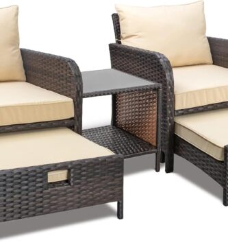 LEVELEVE Balcony Furniture 5 Piece Patio Conversation Set, PE Wicker Rattan Outdoor Lounge Chairs with Soft Cushions 2 Ottoman&Glass Table for Porch, Lawn-Brown Wicker