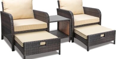 LEVELEVE Balcony Furniture 5 Piece Patio Conversation Set, PE Wicker Rattan Outdoor Lounge Chairs with Soft Cushions 2 Ottoman&Glass Table for Porch, Lawn-Brown Wicker