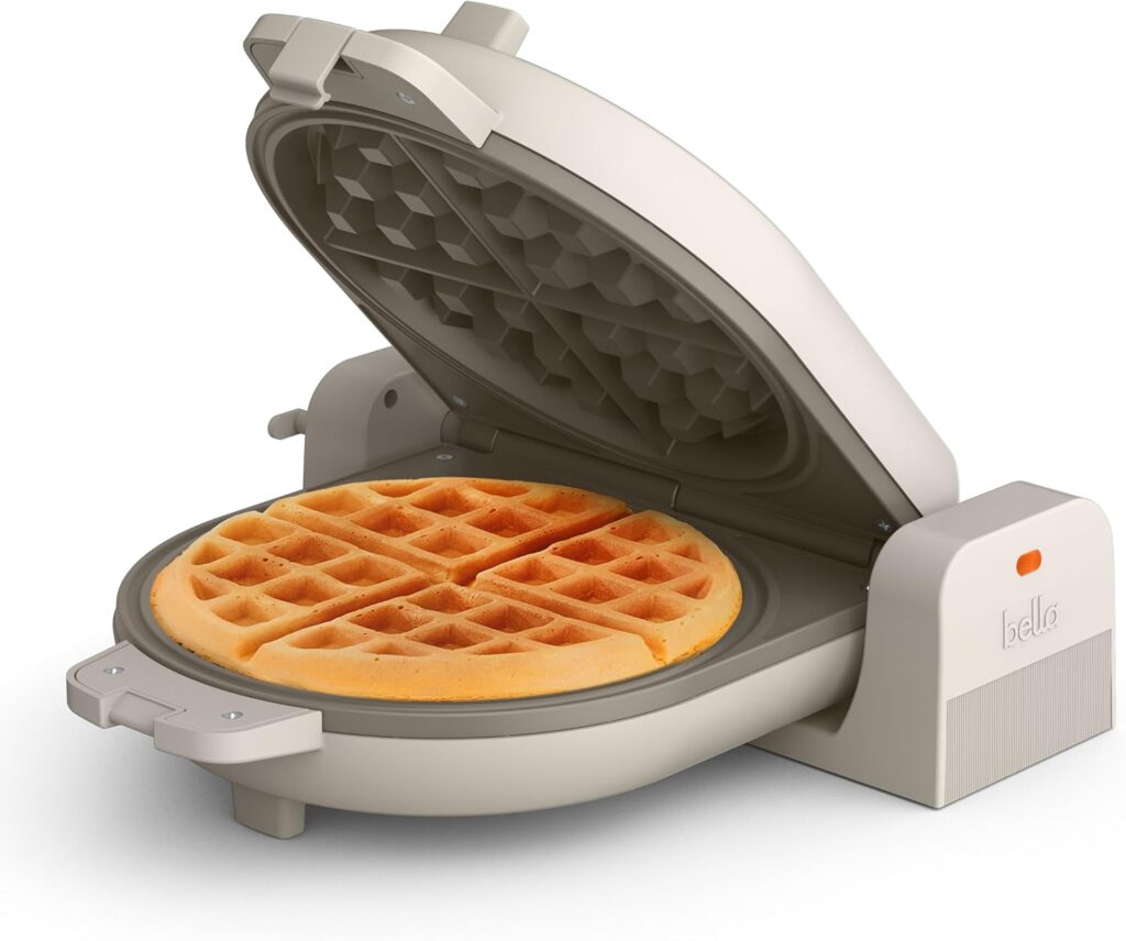 bella Flip-n-Store Waffle Maker with EverGood™ Ceramic Nonstick Coating, Fits-anywhere™ Kitchenware, Power Indicator Light, Cool Touch Handle & Cord Wrap, 7” Wide & 1″ Deep Plates, 1000 Watt, Oatmilk