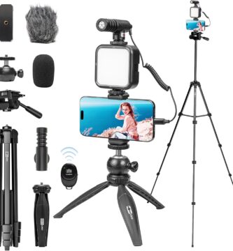 USKEYVISION Vlogging Kit for iPhone Youtuber Starter Kit Content Creator Equipment for iPhone 16/15Pro Max with 59” Extendable Fullsize Tripod, LED Light,Shotgun Mic Video Recording(Vlog K4)