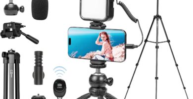 USKEYVISION Vlogging Kit for iPhone Youtuber Starter Kit Content Creator Equipment for iPhone 16/15Pro Max with 59” Extendable Fullsize Tripod, LED Light,Shotgun Mic Video Recording(Vlog K4)