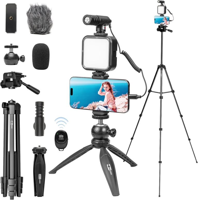 USKEYVISION Vlogging Kit for iPhone Youtuber Starter Kit Content Creator Equipment for iPhone 16/15Pro Max with 59” Extendable Fullsize Tripod, LED Light,Shotgun Mic Video Recording(Vlog K4)