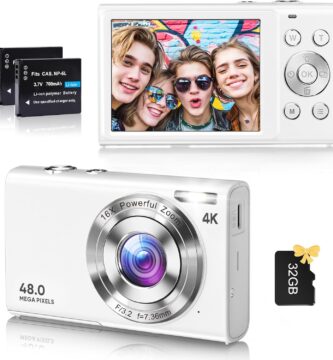 Digital Camera, 4K Vlogging Camera for YouTube Autofocus 48MP UHD Cameras for Photography with Anti-Shake, 16X Digital Zoom Point and Shoot Digital Camera with 32GB Card for Teens Adult Beginner-White