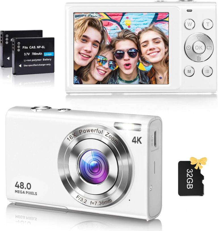Digital Camera, 4K Vlogging Camera for YouTube Autofocus 48MP UHD Cameras for Photography with Anti-Shake, 16X Digital Zoom Point and Shoot Digital Camera with 32GB Card for Teens Adult Beginner-White