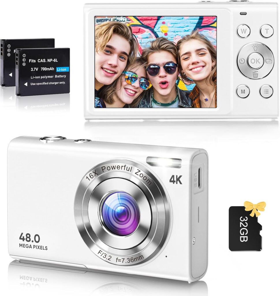 Digital Camera, 4K Vlogging Camera for YouTube Autofocus 48MP UHD Cameras for Photography with Anti-Shake, 16X Digital Zoom Point and Shoot Digital Camera with 32GB Card for Teens Adult Beginner-White