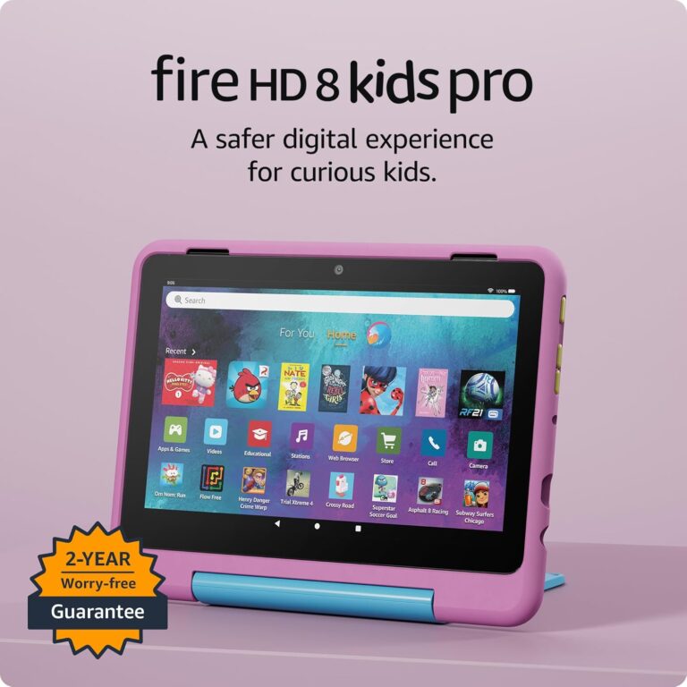 Amazon Fire HD 8 Kids Pro tablet (newest model), ages 6-12. Bright 8″ HD screen, includes ad-free content, parental controls, 13-hr battery, slim case for older kids, 32GB, Jungle Cat