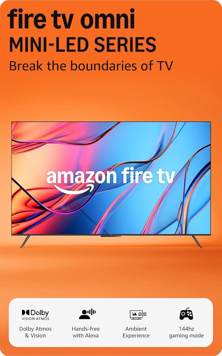 Amazon Fire TV 75″ Omni Mini-LED Series, QLED 4K UHD smart TV, Dolby Vision IQ, 144hz gaming mode, Ambient Experience, hands-free with Alexa, 2024 release