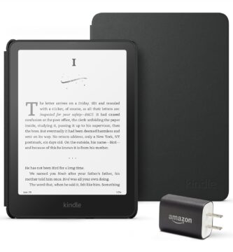 Kindle Paperwhite Essentials Bundle including All-new Kindle Paperwhite (16GB) – Black, Plant-Based Leather Cover – Black, and Power Adapter