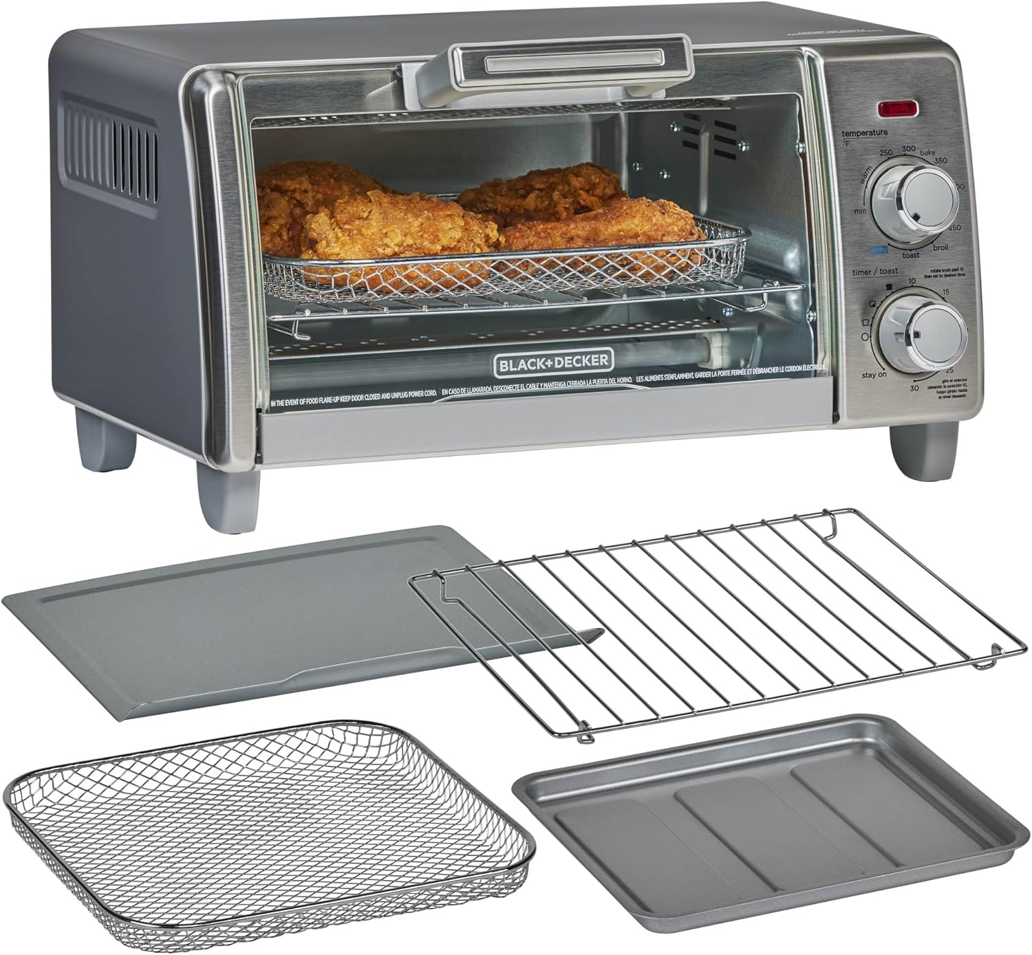 BLACK+DECKER Crisp ‘N Bake Air Fry Countertop Convection Toaster Oven, Medium Capacity, 4-Slice, 5-in-1, Fits 9” Pizza, 30-Min Timer, Bake, Broil, Air Fry, Toast, Keep Warm, Stainless Steel