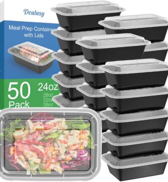 50 Pack (100-Piece) 24 oz Meal Prep Containers Reusable with Lids, Sturdy Leakproof & Food Safe, Microwave, Freezer, Dishwasher Safe Prep Containers, To Go Take Out Plastic Food Storage
