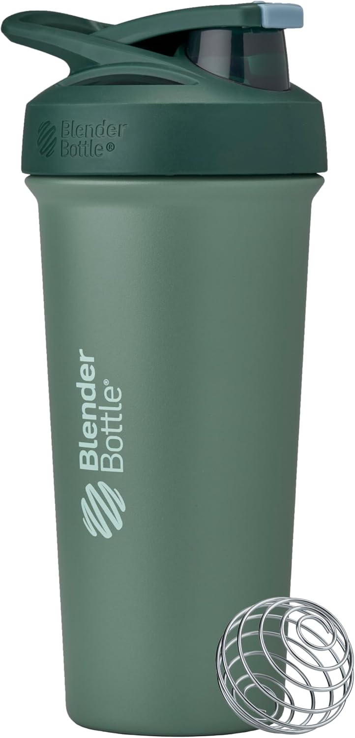 BlenderBottle Sport Sleek Shaker Cup Insulated Stainless Steel Water Bottle with Wire Whisk, 25-Ounce, (Green) Seaglass