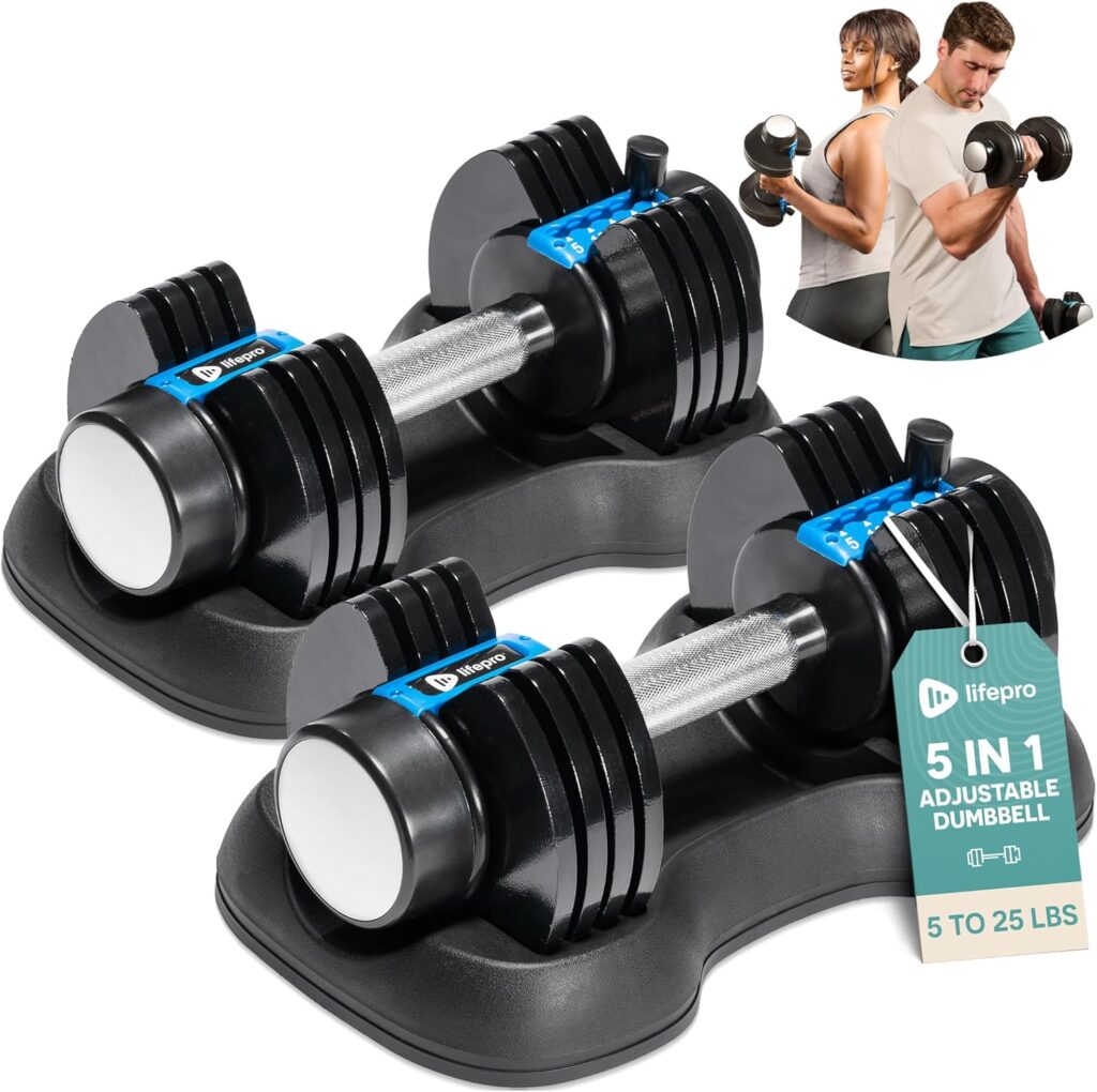 Lifepro Adjustable Dumbbells Set – 15lb, 25lb Pair or 43lb, 55lb & 90lb Single – Quick Adjustment, Anti Slip Handle – Space Saving & Strength Training Weights for Home Gym Exercise & Fitness