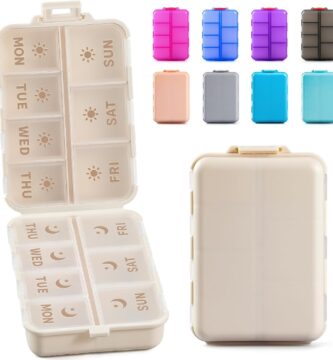 NEW Foldable & Double Protection Portable Weekly Pill Organizer 2 Times A Day with Etched Labels, AM PM 7 Day Week Medicine Box, Daily Travel Pill Case Holder Dispenser for Vitamin, Supplement – Khaki