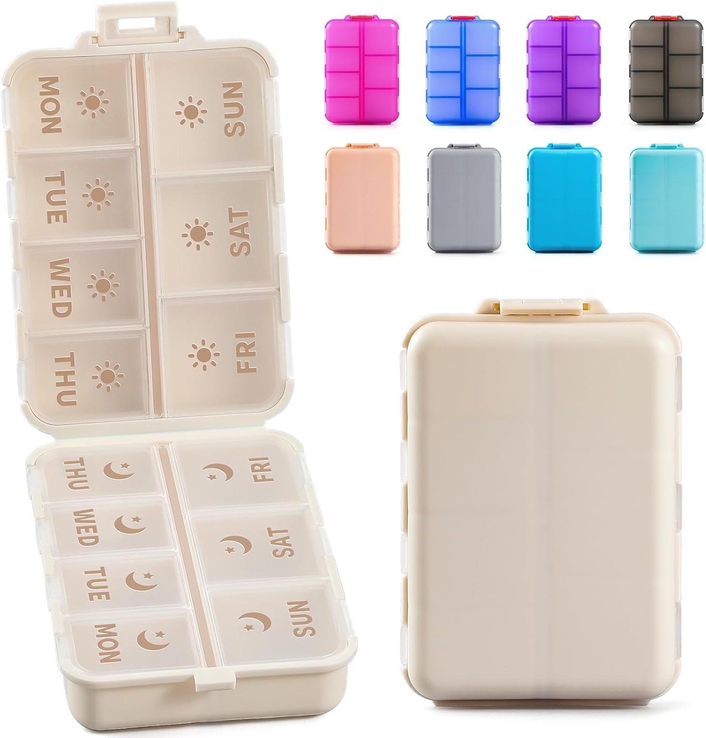 NEW Foldable & Double Protection Portable Weekly Pill Organizer 2 Times A Day with Etched Labels, AM PM 7 Day Week Medicine Box, Daily Travel Pill Case Holder Dispenser for Vitamin, Supplement – Khaki