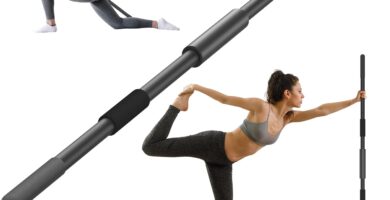 Yoga Stick 58 Inch Sturdy Alloy Steel – Adjustable Stick for Exercise, Stretching, Balance – Versatile Exercise Stick with Non-Slip Ends, Neck Cushion and Adjustable Grip Cushions