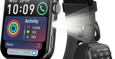 Blackview Smart Watch for Men Women,1.91″ HD Touchscreen Fitness Watch with Flashlight, Bluetooth Notifications/Make Calls, Heart Rate/Sleep Monitor/2 Straps, Fitness Watch for Android/iPhone