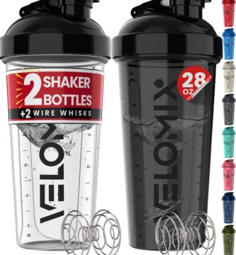 VELOMIX -2 Pack- 28 oz Protein Shaker Bottles for Protein Mixes – 2x Wire Whisk | Leak Proof Shaker Cups for Protein Shakes | Protein Shaker Bottle Pack (Black/Transparent)