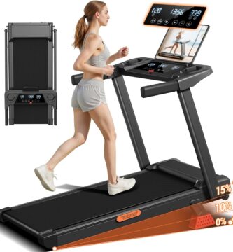 16% Incline Treadmill with Handle, 3-in-1 Portable Treadmills for Home and Office, Foldable Treadmills with 300 Lbs Weight Capacity, 3.0HP Quiet Walking Pad Treadmill, Three Screen