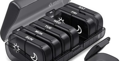 AUVON XL Weekly Pill Organizer 2 Times a Day, Pill Box 7 Day with One-Side Large Openings for Easy to Use, Black Privacy Protection AM PM Pill Case for Medication, Vitamins, Fish Oils, Supplements