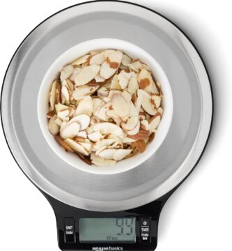 Amazon Basics Digital Kitchen Scale with LCD Display, Tare Function, Multiple Units, Weighs up to 11 Pounds, Batteries Included, Black and Stainless Steel