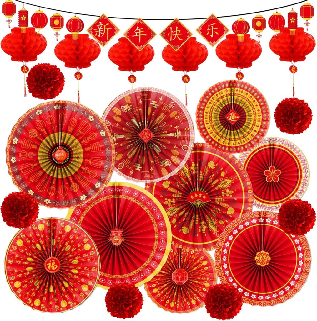 Chinese New Year Decorations – 22 Pcs Red Gold Happy 2026 Spring Festival Banner Garland Paper Fans Oriental Lanterns Pom Poms Hanging Decor China Lunar Years of The Horse Party Supplies