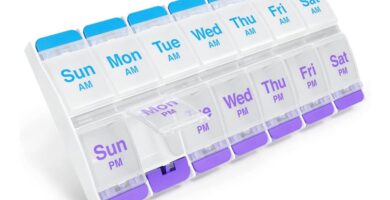 EZY DOSE Push Button (7-Day) Pill Case, Medicine Planner, Daily Vitamin Organizer, 2 Times a Day AM/PM, X-Large Compartments, Arthritis Friendly, Easy to use, Clear Lids, Purple and Blue, BPA Free