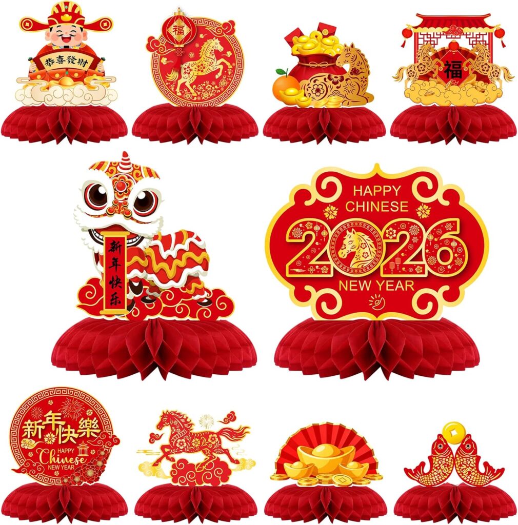 10 Pcs Chinese New Year Honeycomb Centerpieces Decoration 2026 Year of The Horse Ornaments Signs Red and Gold Table Toppers Table Centerpieces Lunar New Year Party Supplies