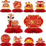 10 Pcs Chinese New Year Honeycomb Centerpieces Decoration 2026 Year of The Horse Ornaments Signs Red and Gold Table Toppers Table Centerpieces Lunar New Year Party Supplies