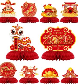 10 Pcs Chinese New Year Honeycomb Centerpieces Decoration 2026 Year of The Horse Ornaments Signs Red and Gold Table Toppers Table Centerpieces Lunar New Year Party Supplies