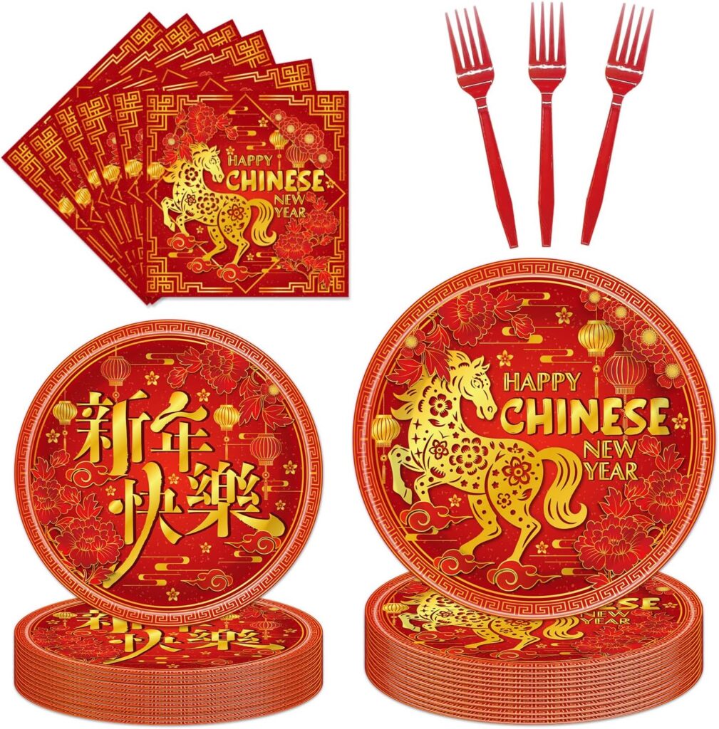 96Pcs Chinese New Year Party Decorations Tableware Set Happy Chinese New Year Paper Plates Napkins Forks Year of the Horse 2026 Lunar Theme Baby Shower Party Supplies Serve 24 Guests