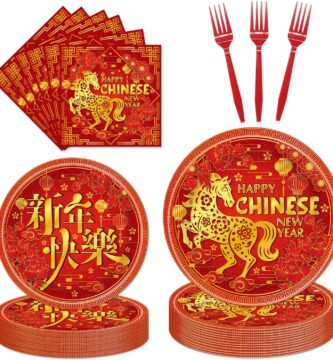 96Pcs Chinese New Year Party Decorations Tableware Set Happy Chinese New Year Paper Plates Napkins Forks Year of the Horse 2026 Lunar Theme Baby Shower Party Supplies Serve 24 Guests