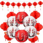 Fumete 20 Pcs 12″ Chinese Japanese Paper Lanterns and 8″ Red Lanterns Hibachi Party Decorations Cherry Blossom Japanese Home Restaurant Hanging Decorations Asian Theme Party Supplies(Red, White)
