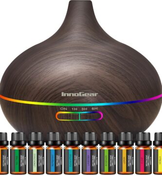 InnoGear Aromatherapy Diffuser & 10 Essential Oils Set, 400ml Diffuser Ultrasonic Diffuser Cool Mist Humidifier with 4 Timers 7 Colors Light Waterless Auto Off for Valentine’s Gift, Dark Wood Grain