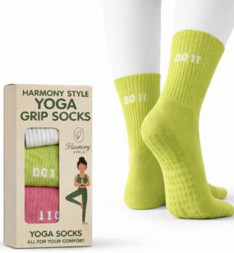 Pilates Grip Socks for Women – Non Slip Yoga & Barre Crew Socks with Grippers, Sticky Hospital Socks, 3 Pairs Multi Color Pack