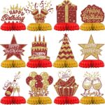 Red and Gold Birthday Decorations – 12PCS Honeycomb Table Centerpieces for Men Women Adults – Happy Birthday Table Decor Party Supplies