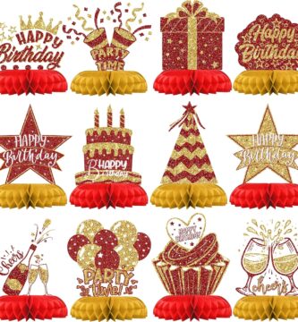 Red and Gold Birthday Decorations – 12PCS Honeycomb Table Centerpieces for Men Women Adults – Happy Birthday Table Decor Party Supplies