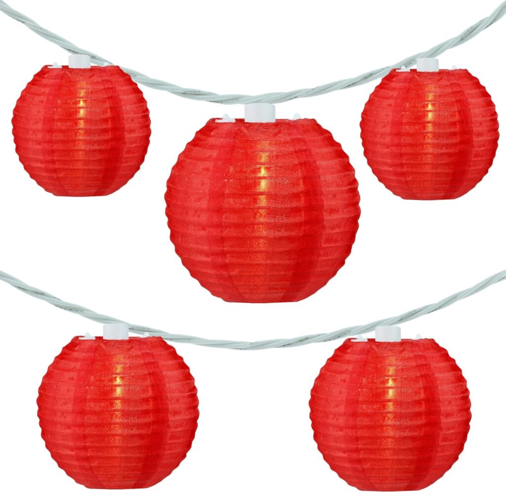 YULETIME Red Lantern String Lights, 10 Count Nylon Lantern on 7.6′ White Wire, UL Listed 8″ Spacing End-to-end Connectable Plug-in String Lights (Red)