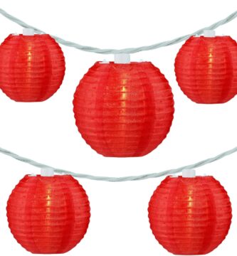 YULETIME Red Lantern String Lights, 10 Count Nylon Lantern on 7.6′ White Wire, UL Listed 8″ Spacing End-to-end Connectable Plug-in String Lights (Red)